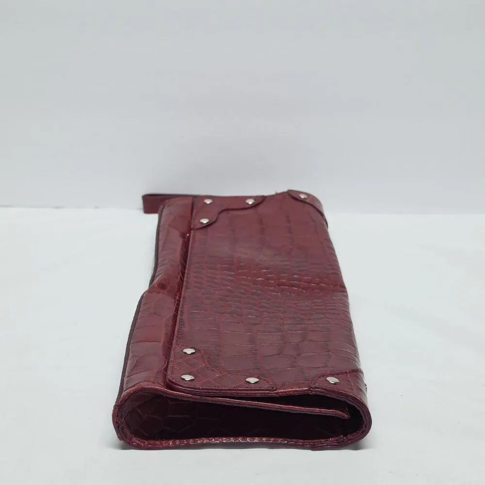 Claudia Firenze Croc Embossed Studded Clutch In Burgundy Red Leather Italy